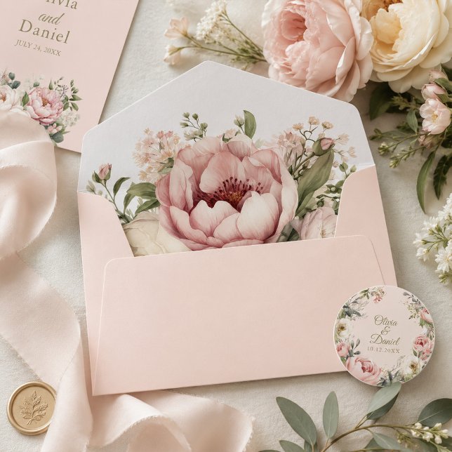 Dusty Blush Peony Floral Lined Wedding Envelope (Dusty Blush Peony Floral Lined Wedding Envelope)