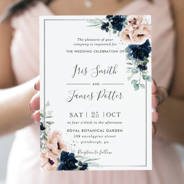 Dusty Blush Poppy Navy Floral Greenery Wedding  Invitation (Creator Uploaded)