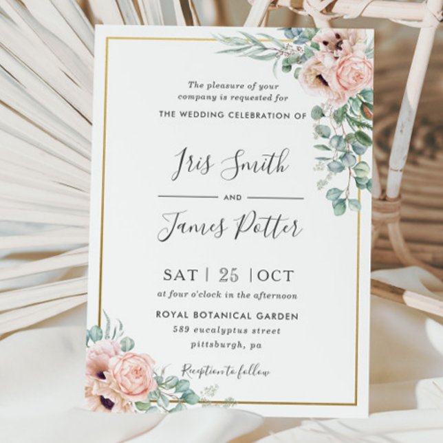 Dusty Blush Rose Poppy Floral Greenery Wedding  Invitation (Creator Uploaded)