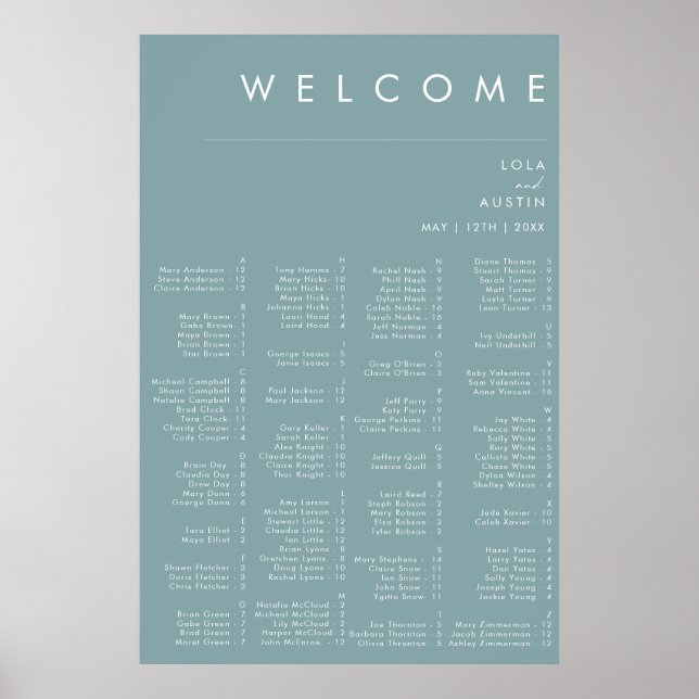 Dusty Boho | Blue Alphabetical Seating Chart  (Front)