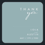Dusty Boho | Blue Thank You Wedding Square Sticker<br><div class="desc">This Dusty Boho | Blue thank you wedding square sticker is perfect for your colourful rustic boho wedding. Its simple, unique modern design accompanied by a contemporary minimalist script and dusty blue colour palette gives this product a classic chic bohemian feel. Keep it as is, or choose to personalize it...</div>