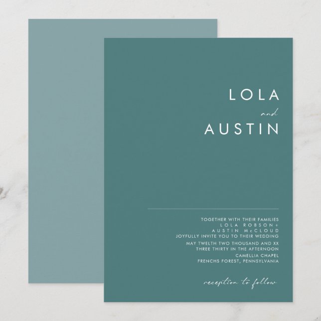 Dusty Boho | Faire-part de mariage verte et bleue (Devant / Derrière)