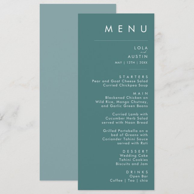 Dusty Boho | Green and Blue Wedding Dinner Menu (Front/Back)