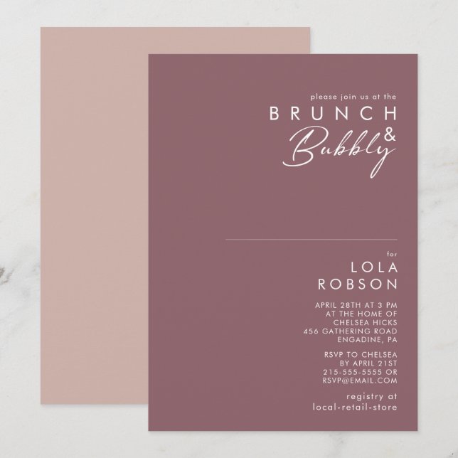 Dusty Boho Purple & Rose Brunch and Bubbly Shower Invitation (Front/Back)