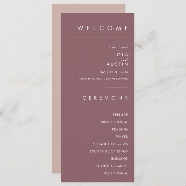 Dusty Boho | Rose and Purple Gold Wedding Program (Front/Back)