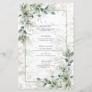 Dusty Botanical Greenery Gold Marble Mariage Menu