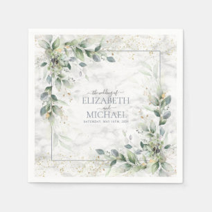 Dusty Botanical Greenery Gold Marble Wedding Napkin