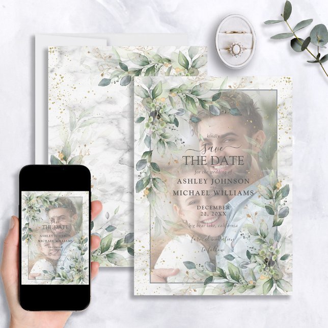 Dusty Botanical Greenery Gold Photo Save the Date (Creator Uploaded)