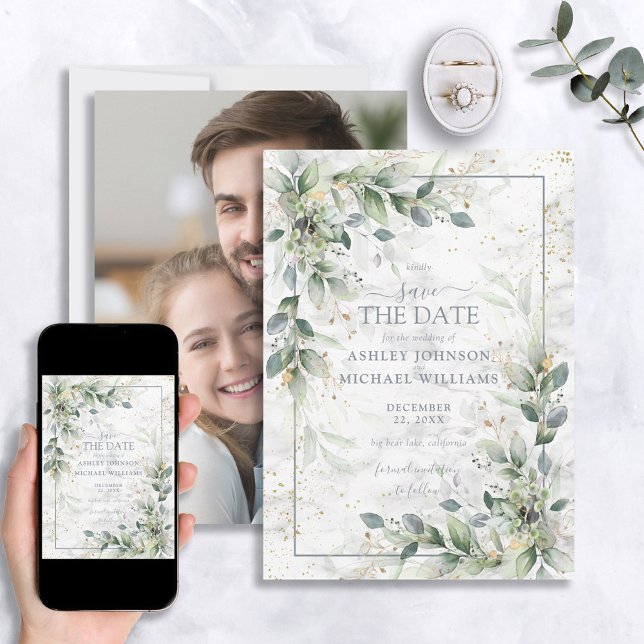 Dusty Botanical Greenery Gold Photo Save the Date (Creator Uploaded)