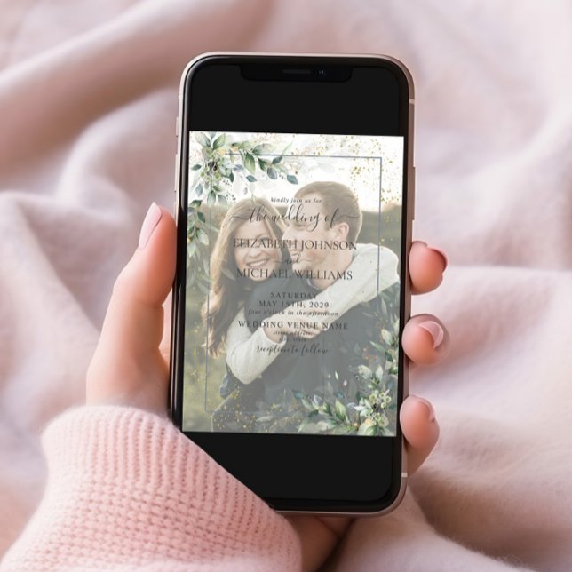 Dusty Botanical Greenery Gold Vellum Photo Wedding Invitation (Creator Uploaded)