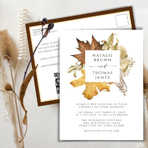 Dusty Brown Autumn Leaves QR Code Fall Wedding Invitation Postcard