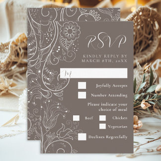 Dusty Brown Elegant Floral Wedding Meal Choice RSVP Card