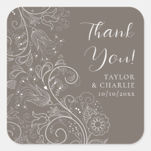 Dusty Brown Elegant Floral Wedding Thank You Square Sticker