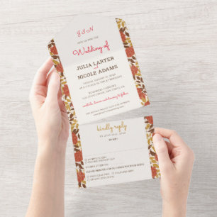 Dusty Brunt Orange Peony Flowers Fall Wedding All In One Invitation