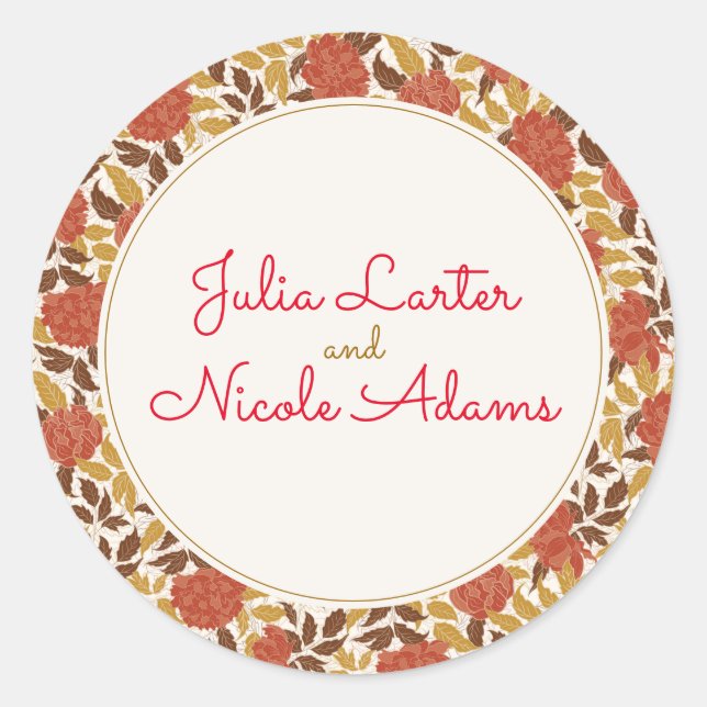 Dusty Brunt Orange Peony Flowers Fall Wedding Classic Round Sticker (Front)