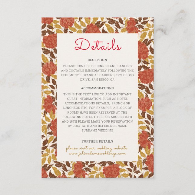 Dusty Brunt Orange Peony Flowers Fall Wedding Enclosure Card (Front)