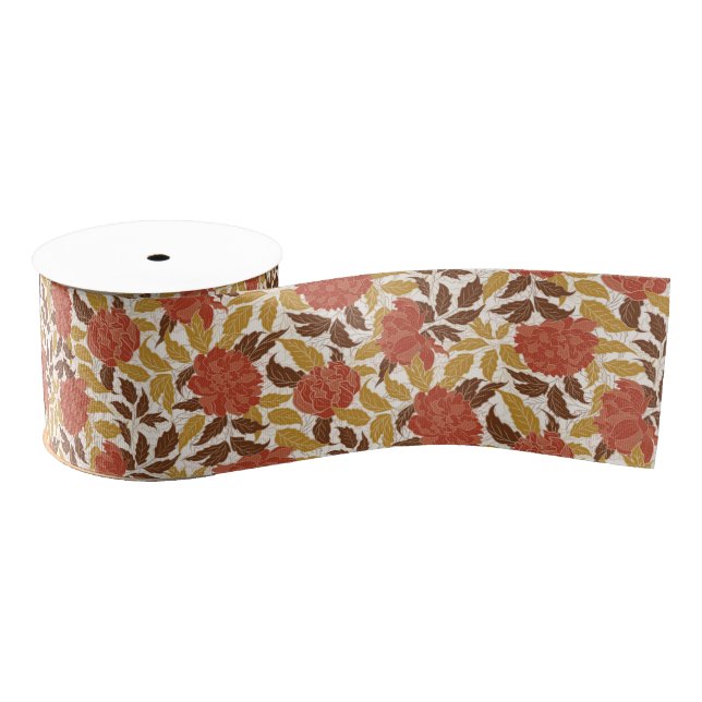 Dusty Brunt Orange Peony Flowers Fall Wedding Grosgrain Ribbon (Spool)
