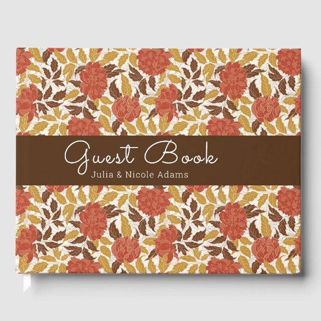 Dusty Brunt Orange Peony Flowers Fall Wedding Guest Book (Front)