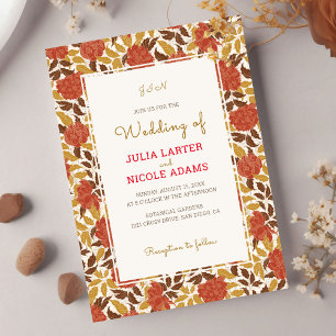 Dusty Brunt Orange Peony Flowers Fall Wedding Invitation