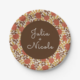 Dusty Brunt Orange Peony Flowers Fall Wedding Paper Plate