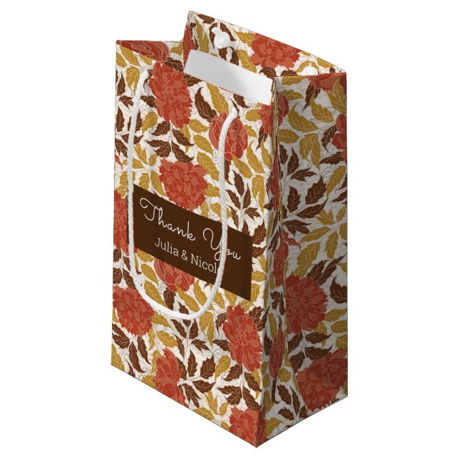 Dusty Brunt Orange Peony Flowers Fall Wedding Small Gift Bag (Front Angled)