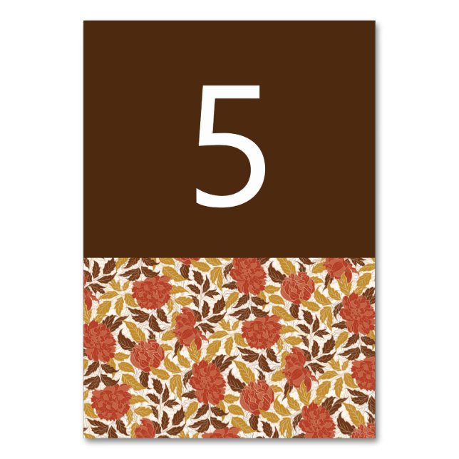 Dusty Brunt Orange Peony Flowers Fall Wedding Table Number (Front)