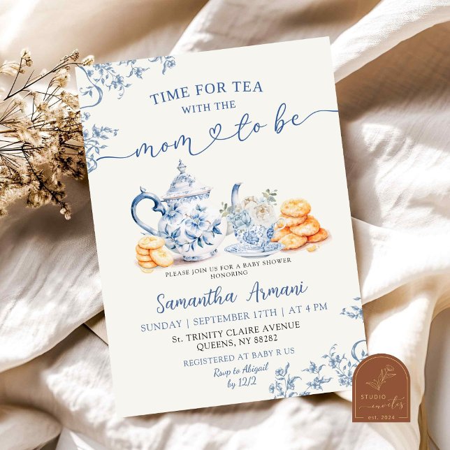 Dusty Bue Chinoiserie Baby Shower Tea Party Invitation (Creator Uploaded)