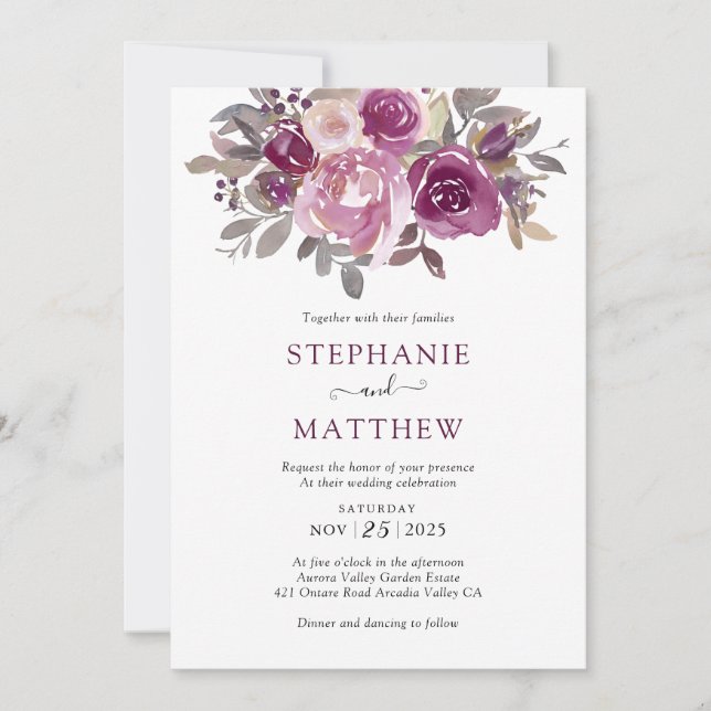 Dusty Burgundy Blush Botanical Wedding Invitation (Front)