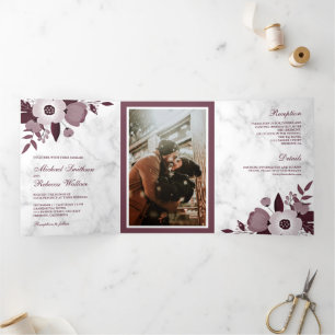 Dusty Burgundy Floral White Marble Photo Wedding Tri-Fold Invitation