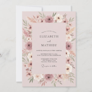 Dusty Burgundy Ranunculus Eucalyptus Wedding Invitation
