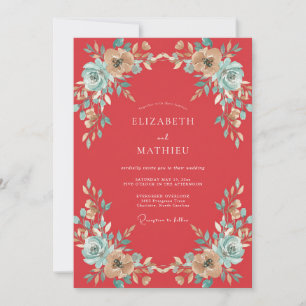 Dusty Coral Aqua Peony Wedding Invitation