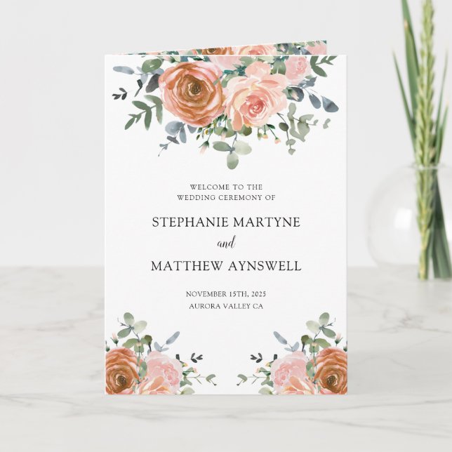 Dusty Coral Eucalyptus Botanical Wedding Program (Front)