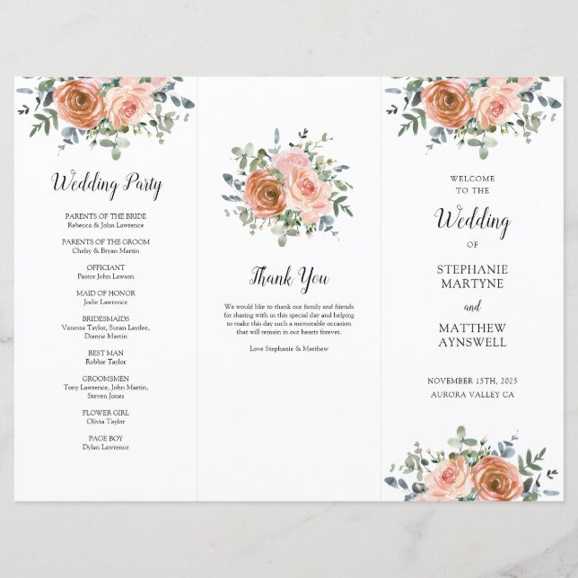 Dusty Coral Eucalyptus Order of Service Wedding (Front)