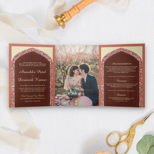 Dusty Coral Rose Gold Glitter Indian Wedding Tri-Fold Invitation (Creator Uploaded)