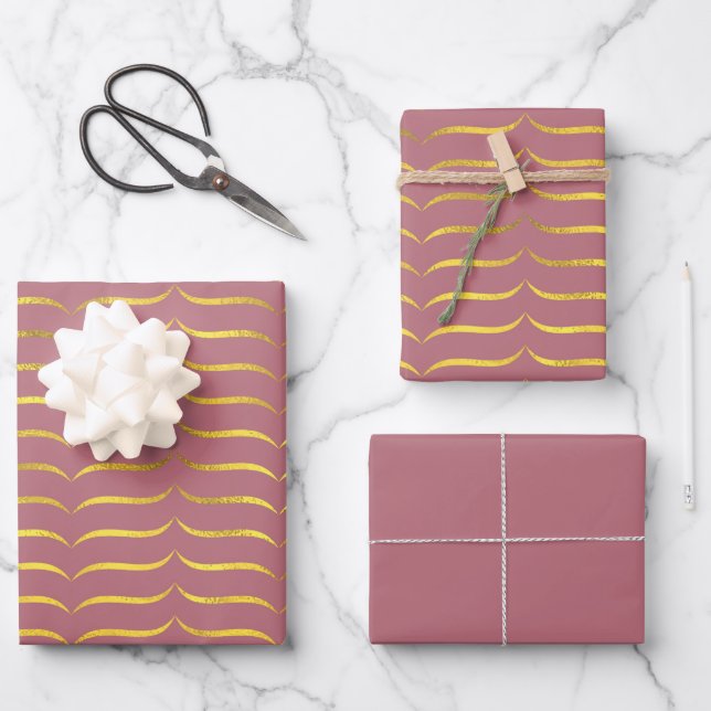 Dusty Deep Pink and Gold Wrapping Paper Sheet (Front)