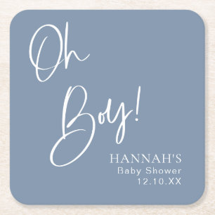 Dusty/ Denim Blue Oh Boy Baby Shower Square Paper Coaster