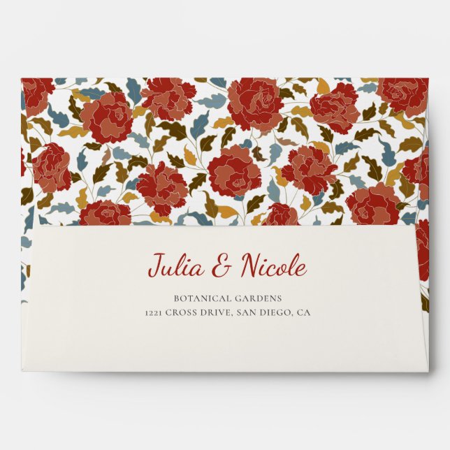 Dusty Elegant Golden Red Rose Flower Wedding Envelope (Back (Top Flap))