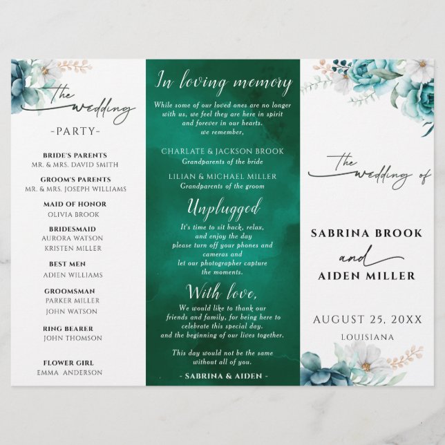 Dusty Emarald Green White Floral Wedding Programme (Devant)