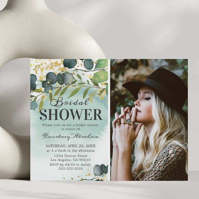 Dusty Eucalyptus Gold Photo Bridal Shower Invitation (Creator Uploaded)