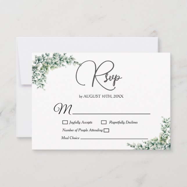 Dusty Eucalyptus Wreath Greenery Foliage Wedding RSVP Card (Front)