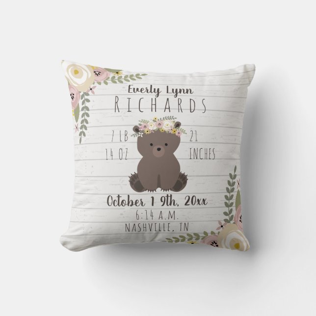 Dusty Floral Bear Cub Baby Girl Birth Stats Throw Pillow (Front)