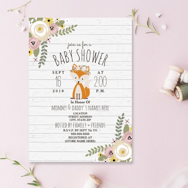 Dusty Floral Boho Fox Grey Wood Baby Shower Invitation (Creator Uploaded)