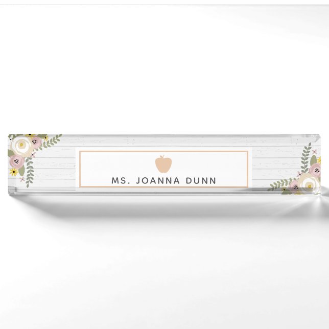 Dusty Floral Grey Wood Pink Apple Teacher Nameplate (Front)