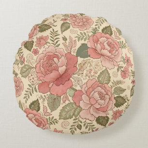 Dusty Floral Muse - Dusty Rose Sage Batik Style Round Pillow