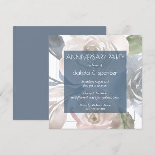 Dusty Floral   Smoky Blue Cream Anniversary Party Invitation