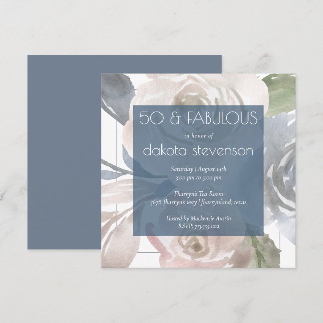 Dusty Floral | Smoky Blue Cream Fabulous 50 Party Invitation (Front/Back)