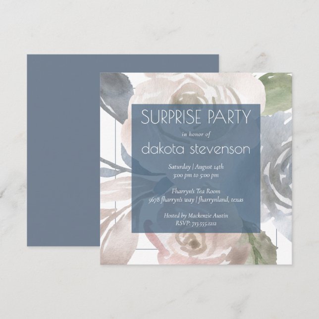 Dusty Floral | Smoky Blue Cream Surprise Party Invitation (Front/Back)