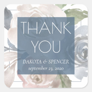 Dusty Floral   Smoky Blue Pastel Frame Thank You Square Sticker