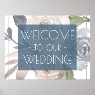 Dusty Floral   Smoky Blue Pastel Wedding Welcome Poster