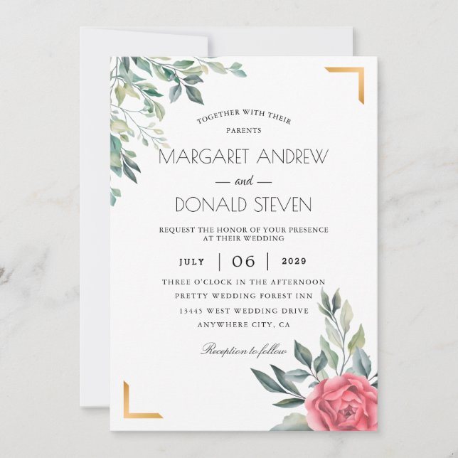 Dusty Floral with golden geometric frame wedding Invitation (Front)